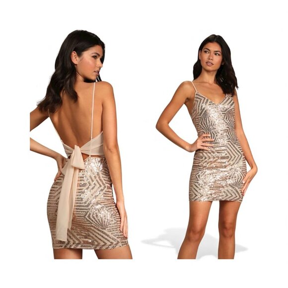 Make Your Entrance Rose Gold Sequin Tie-Back Mini Dress, size small - Picture 1 of 11
